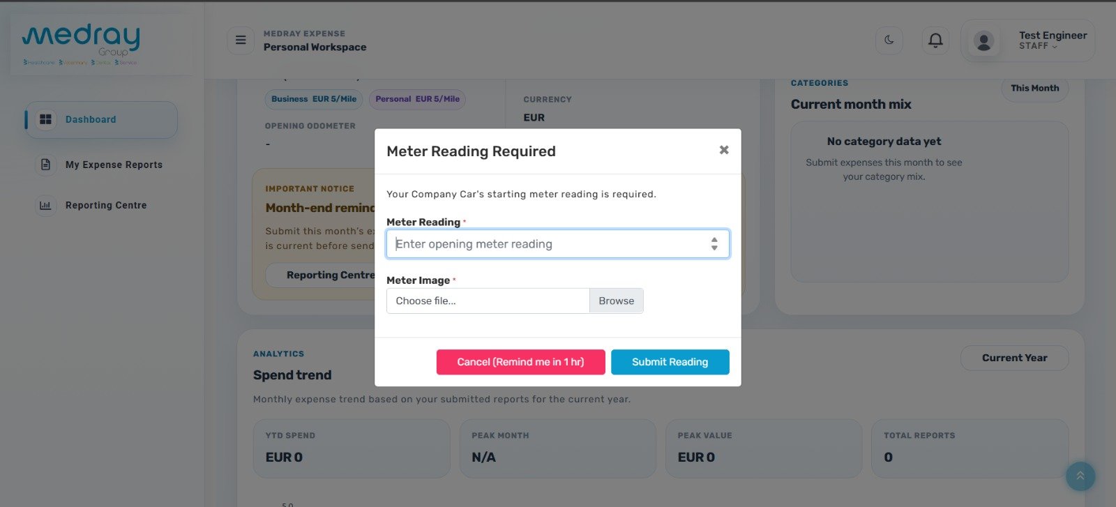 Web app first login modal for entering an opening meter reading and uploading an associated image