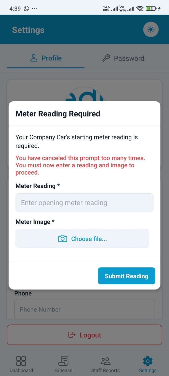 Mobile app first login prompt for entering an opening meter reading and uploading an associated image